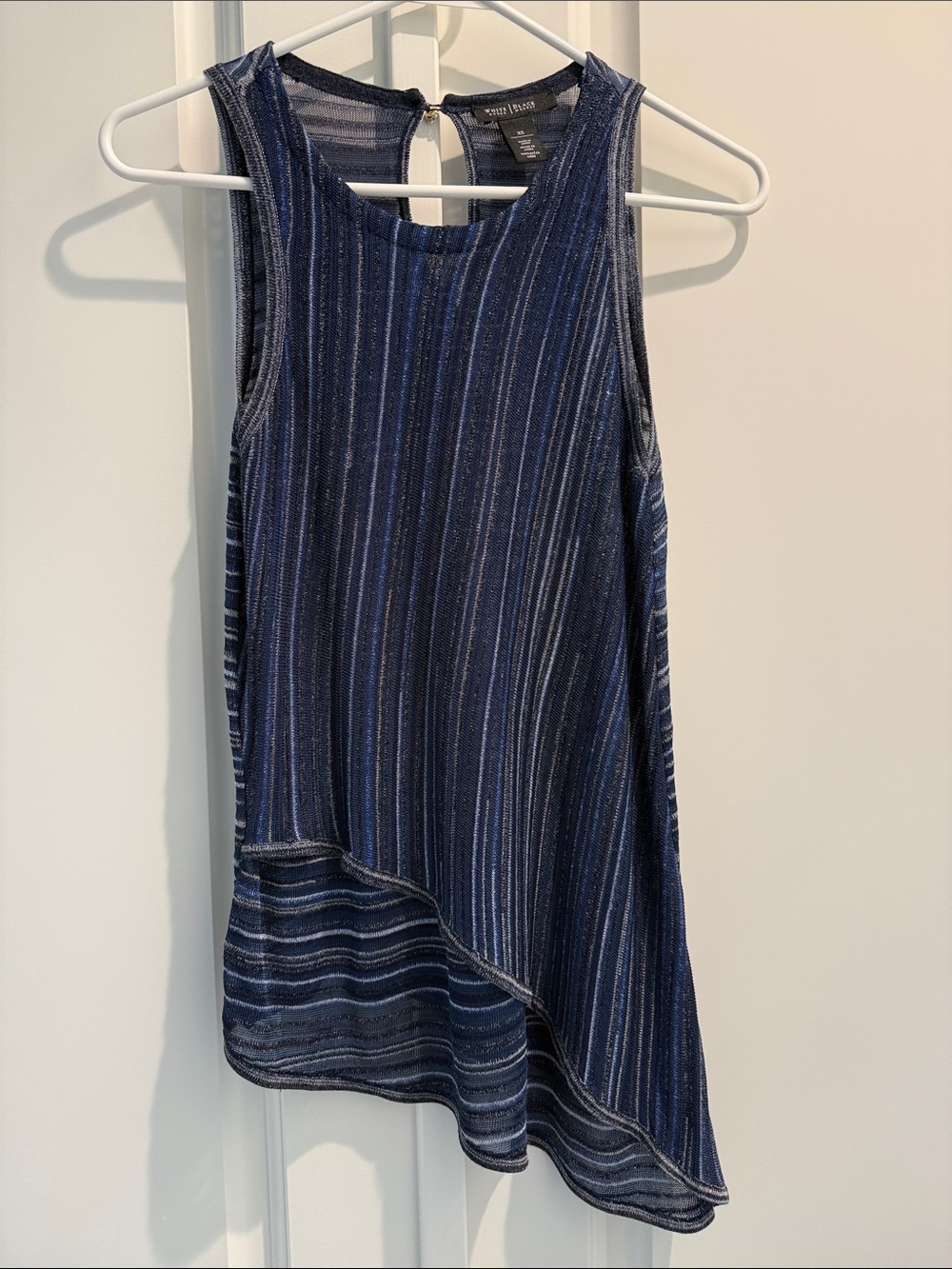 White House Black Market Navy Blue Striped Asymmetric Sleeveless Top